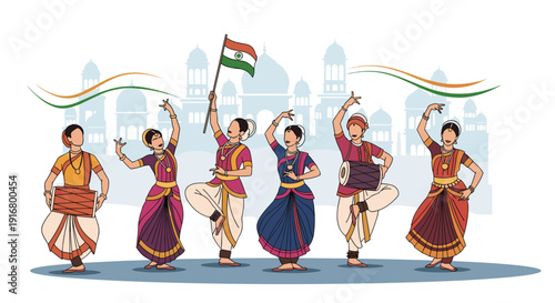 Traditional indian dancers in colorful ethnic costumes performing folk dance while holding national flag against palace background.