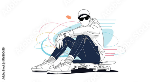 Casual youth illustration shows a person sitting on a skateboard with sunglasses and a hoodie against abstract colorful shapes.