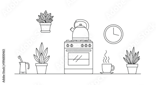 Minimalist line art depicts a kitchen interior with a stove, a kettle, potted plants, a clock, and a hot cup of coffee.