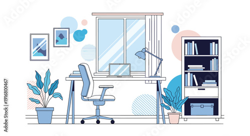 Contemporary home office workspace interior with laptop on desk ergonomic chair bookshelf and potted plants in outline style.