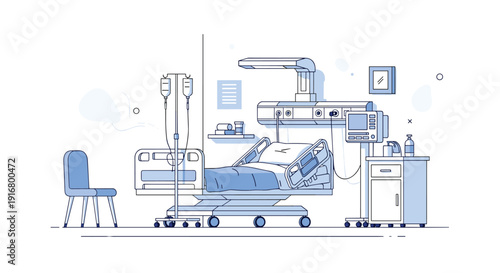 Clean empty patient room in modern hospital facility featuring adjustable medical bed monitoring equipment and iv drip stand.