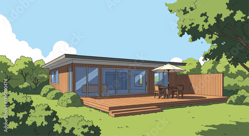 Modern architectural residential home with wooden deck outdoor furniture and large glass windows overlooking green garden.