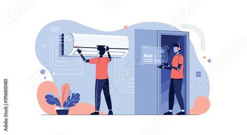 Technical experts installing air conditioning system and maintaining server equipment in modern data center facility room.