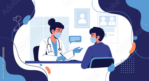 Medical doctor wearing protective face mask and white coat consulting with patient in modern clinic healthcare setting.