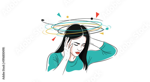 Young woman suffering from dizziness and severe headache with swirling lines and geometric shapes illustrating confusion.