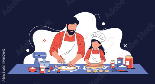 Father and young daughter working together to bake cookies in kitchen using rolling pin and flour on blue table.