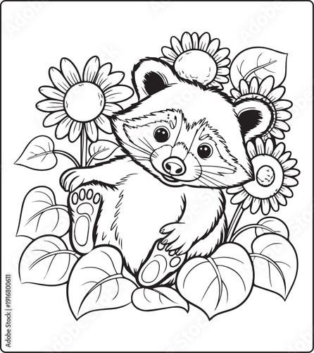Cute animal with beautiful flowers coloring page for kids and adults, black line art vector illustration for 
activity page or book design