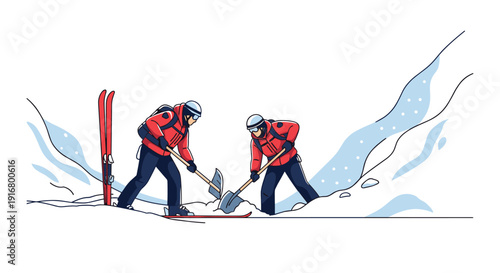 Winter rescue team workers using shovels to clear heavy snow on mountain slope with skis in the foreground area.