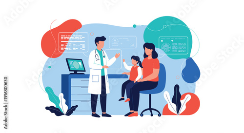 Friendly pediatrician consulting with young mother and her small daughter in modern clinic with health data icons.