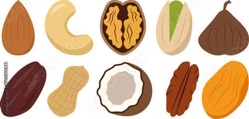 Assorted dry fruits collection flat style healthy food icon set