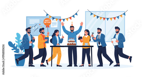 Happy office team celebrating colleague's birthday with cake party hats and decorations in cheerful professional room.