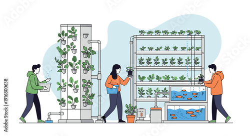 People working in innovative urban indoor farm with hydroponic plant towers vertical racks and aquaponics fish tank.