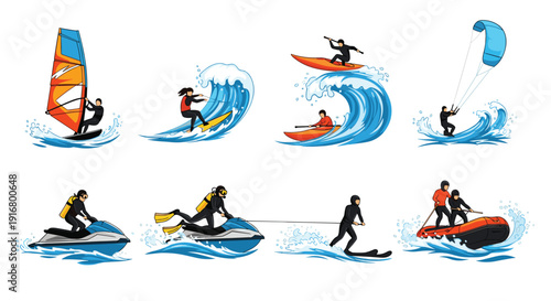 Various water sports activities including surfing windsurfing kayaking jet skiing and scuba diving in the ocean waves.