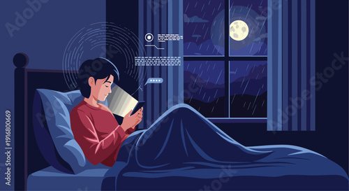 Person using a mobile smartphone in bed late at night during a stormy weather with rain and moon outside the window.