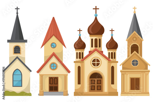 Traditional Church Buildings Vector Set, Flat Cartoon Illustration of Christian Chapels, Cathedrals, and Religious Architecture Icons Featuring Catholic and Orthodox Styles for Cultural and Religious 