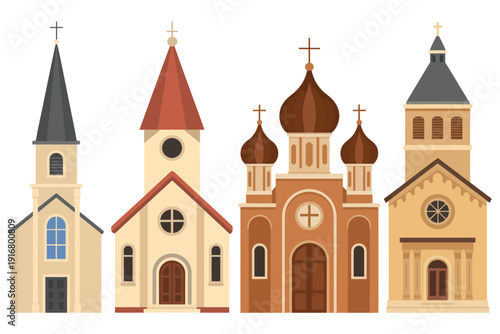 Traditional Church Buildings Vector Set, Flat Cartoon Illustration of Christian Chapels, Cathedrals, and Religious Architecture Icons Featuring Catholic and Orthodox Styles for Cultural and Religious 