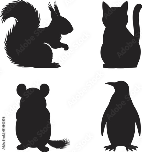 squirrel, cat, rodent, chinchilla, hamster, penguin, silhouette, animal, wildlife, pet, mammal, bird, upright, posture, tail, flipper, contour, vector, black, minimal, design