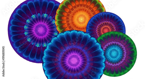 Vibrant psychedelic mandala designs in blue, purple, pink, orange, and green hues, isolated on transparent background