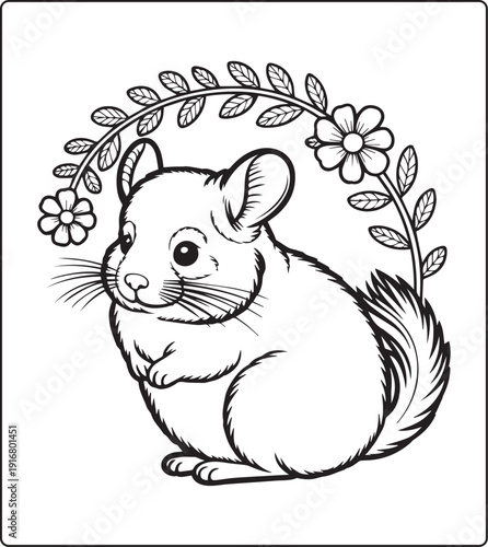 Cute animal with beautiful flowers coloring page for kids and adults, black line art vector illustration for 
activity page or book design