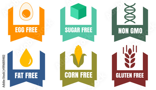 Sugar fat gmo gluten egg corn free food claim badge set
