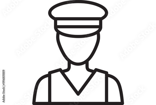 Pilot line icon avatar in cap and uniform, simple black outline symbol for airline crew, aviation profession, travel service app UI, isolated on white background
