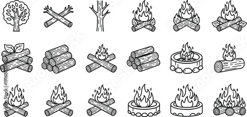 Hand Drawn Campfire and Wood Log Collection Featuring Bonfires Firewood Stacks and Timber Elements Isolated Black and White Vector Illustration for Camping and Outdoor Design