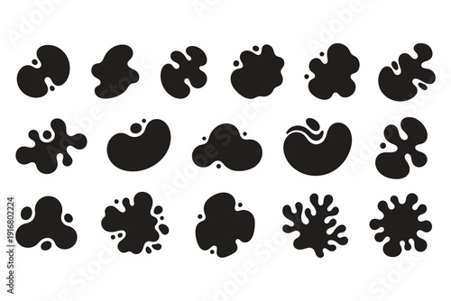 Abstract liquid blob shapes set with organic fluid ink splashes and rounded splash points