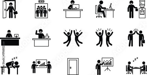 Set of Business People Stick Figure Icons Representing Office Daily Routine Work Activities Professional Success Teamwork Meeting Exhaustion and Corporate Employee Life Cycle Concept