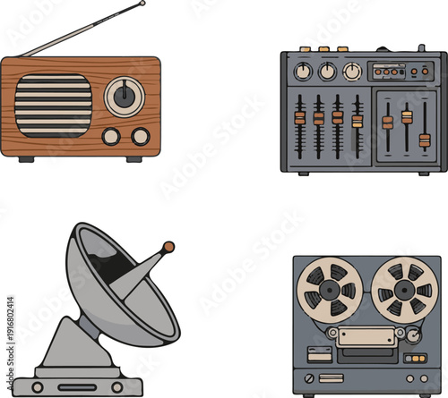 Vintage Retro Audio and Communication Equipment Vector Set: Radio, Mixer, Satellite Dish, and Reel-to-Reel Tape Recorder