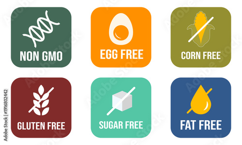 Food free claim label icons sugar fat gmo gluten egg corn badges
