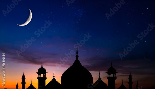 Spiritual Islamic Background Showing Crescent Moon and Mosque Dome During Ramadhan Sunset for Muslim Celebration and Eid Fitr