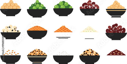Professional flat vector icon set of assorted legumes and grains featuring bowls of chickpeas, lentils, peas, beans, and rice for nutritional web design