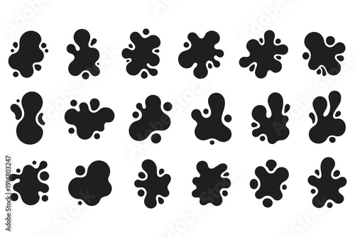 Abstract paint splatters and ink blobs, creative black shapes set, vector illustration