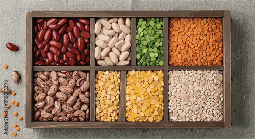 Top view of a rustic wooden compartment box filled with assorted dry legumes, red kidney beans, white beans, green peas, and lentils on a linen background