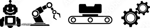 Industrial robots and machinery icons for manufacturing and technology concepts