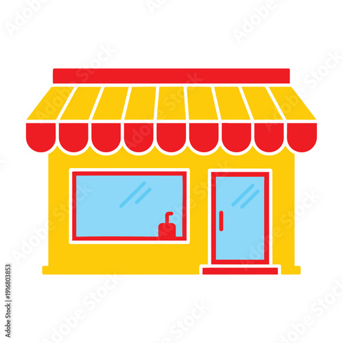 Yellow Storefront with Red Awning and Door.