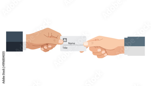 Two people exchanging a business card with professional handshake gesture