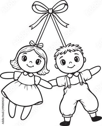 Cute cartoon boy and girl hanging from a ribbon bow, black and white outline drawing for coloring book