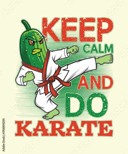 Funny karate pickle character doing martial arts kick with motivational text for posters