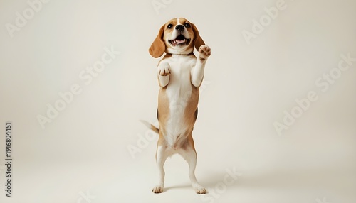 A playful beagle dog stands on its hind legs with a cheerful expression in a plain studio setting.
