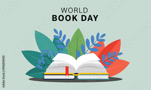 World book day celebration with open book and colorful leaves