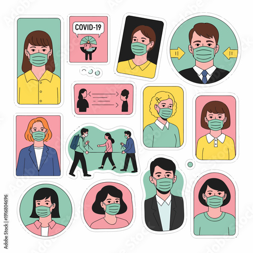 Group of People Wearing Face Masks in Illustrations.