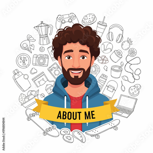 Illustrated portrait of bearded man in hoodie.