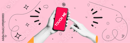 Halftone pop art dot human hands touching smartphone screen with modern mobile interaction and touch gesture vector illustration
