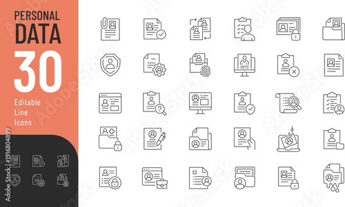 Personal Data Line Editable Icons set. Vector illustration in modern thin style of documents related icons: online portfolio, id card, data protection, and more. Isolated on transparent background.