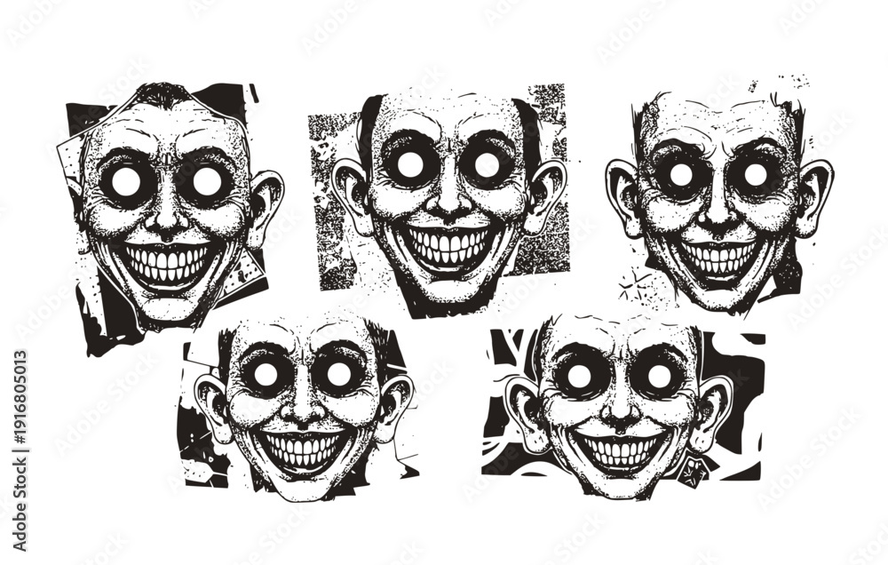 Fototapeta premium Black White Halftone Retro Grunge Creepy Face Set 5 Sketch Photocopy-White Eyeball Grin Stipple Ink Single Illustration - Creepy Face Collage Set