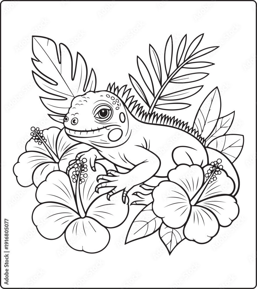 Obraz premium Cute animal with beautiful flowers coloring page for kids and adults, black line art vector illustration for activity page or book design