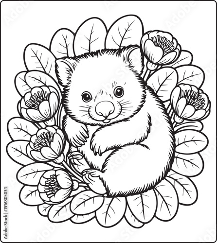 Cute animal with beautiful flowers coloring page for kids and adults, black line art vector illustration for 
activity page or book design