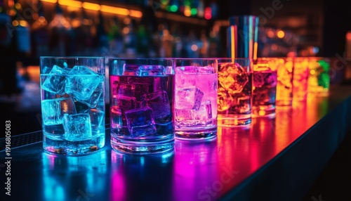 Colorful cocktail glasses filled with ice illuminated by vibrant lights in a modern bar setting