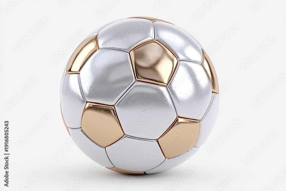 Fototapeta premium A metallic, silver and gold, soccer ball stands out against a bright white background